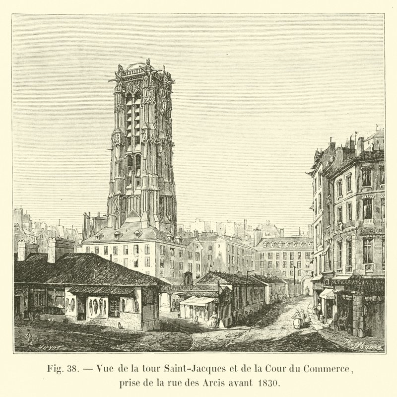 Udsigt over Saint-Jacques-tårnet og Cour du Commerce, taget fra rue des Arcis før 1830 af French School