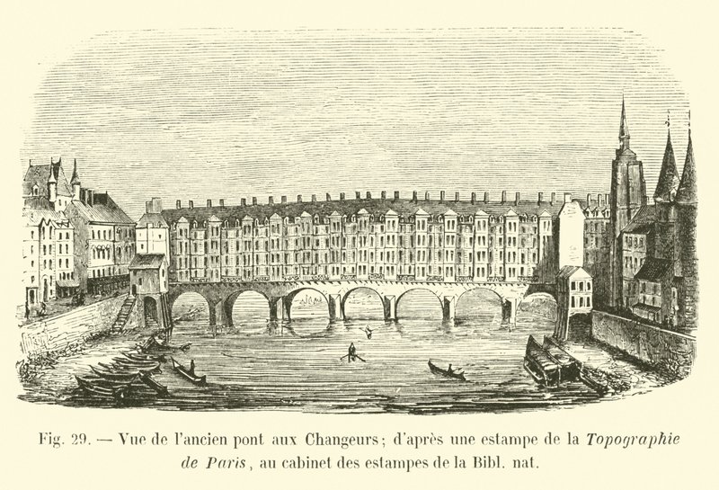 Udsigt over den gamle Changers-bro; efter et tryk fra topografien i Paris, i printskabet i Bibl nat af French School