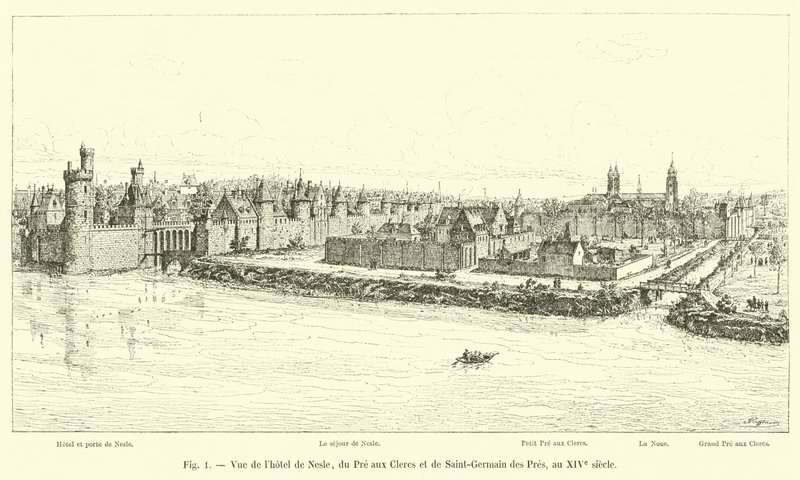 Udsigt over Hôtel de Nesle, Pre aux Clercs og Saint-Germain des Pres i det 14. århundrede af French School