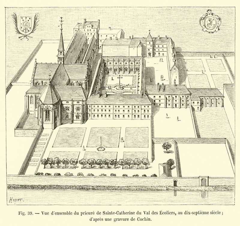 Overordnet billede af klosteret Sainte-Catherine du Val des Ecoliers, i det syttende århundrede; fra en gravering af Cochin af French School