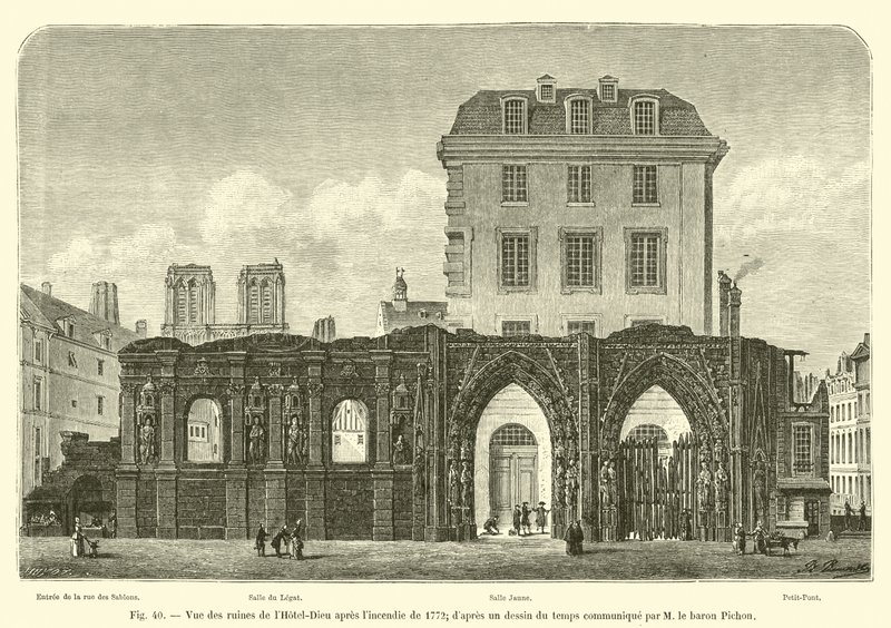 Udsigt over ruinerne af Hôtel-Dieu efter branden i 1772; fra en tegning af tiden meddelt af M le baron Pichon af French School
