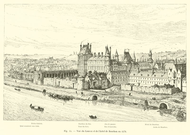 Udsigt over Louvre og Hotel de Bourbon i 1576 af French School
