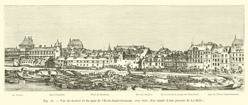 Udsigt over Louvre og Quai de lEcole-Saint-Germain, ca. 1640, faksimile af en gravering fra La Belle af French School