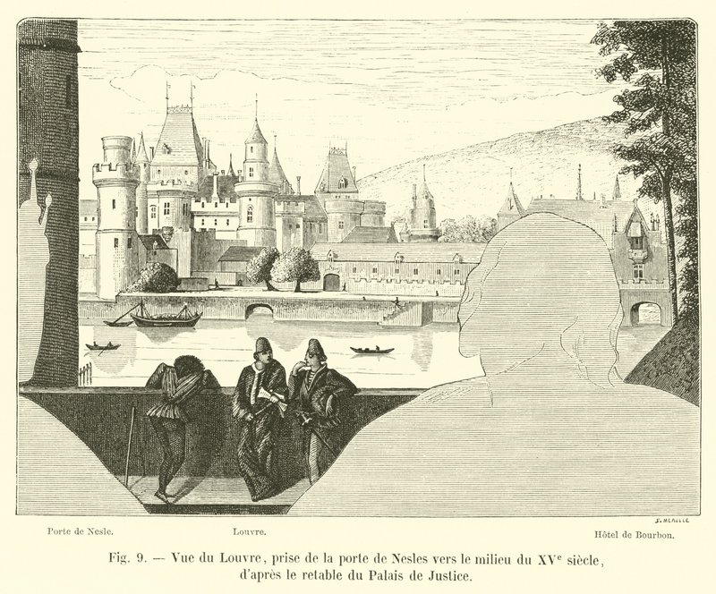 Udsigt over Louvre, taget fra Porte de Nesles omkring midten af ​​det 15. århundrede, efter altertavlen i Palais de Justice af French School