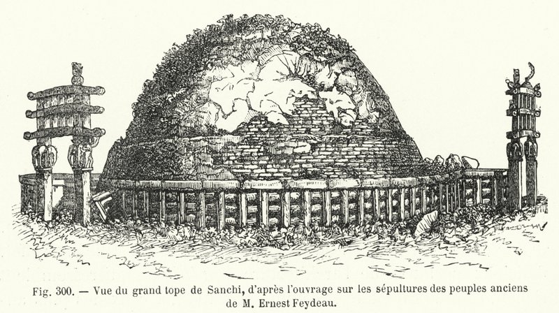 Udsigt over den store top i Sanchi, fra M. Ernest Feydeaus værk om gamle folks gravmæler (stik) af French School