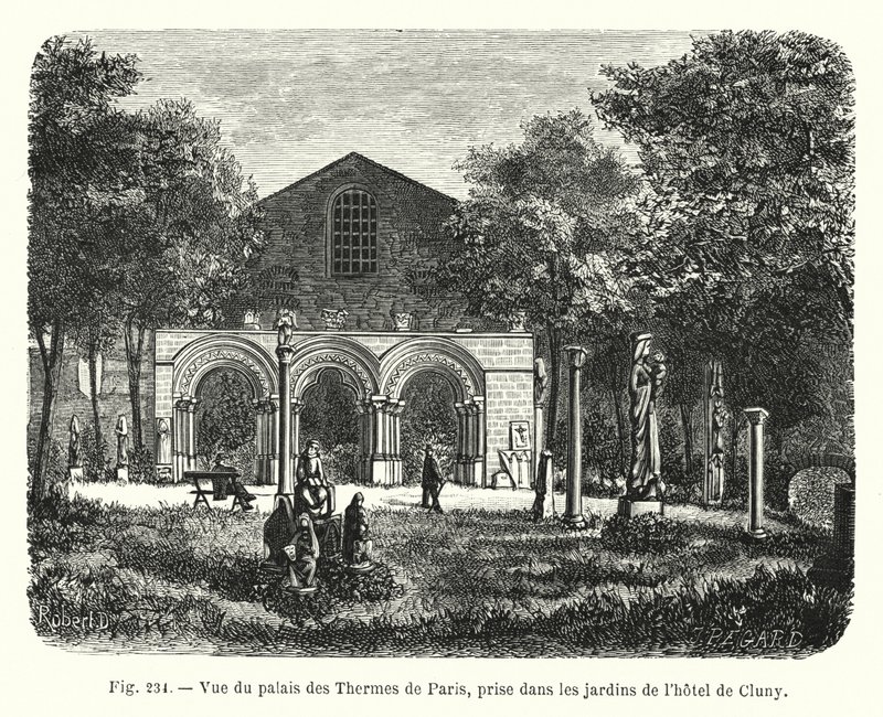 Udsigt over Palais des Thermes i Paris, taget fra haven på Hôtel de Cluny (gravering) af French School