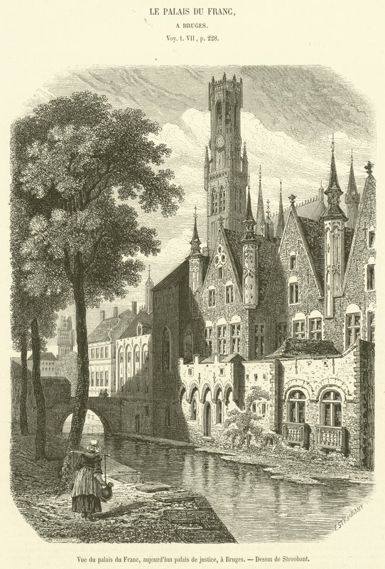 Udsigt over Palais du Franc, nu retsbygningen, i Brugge (gravering) af French School