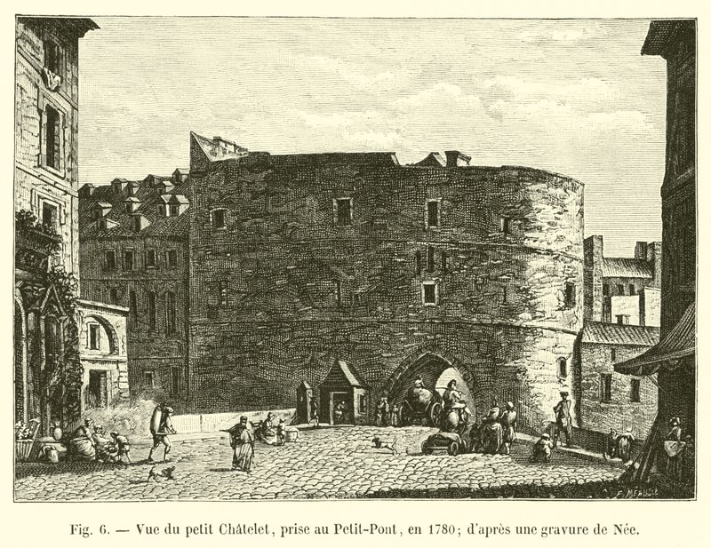 Udsigt over Petit Chatelet, taget ved Petit-Pont, i 1780; fra en gravering af Nee af French School