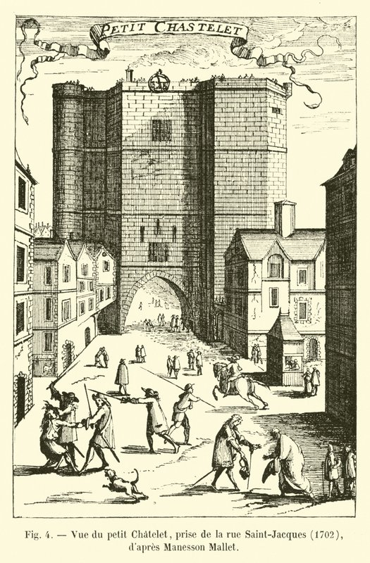 Udsigt over Petit Chatelet, taget fra Rue Saint-Jacques, 1702, efter Manesson Mallet af French School