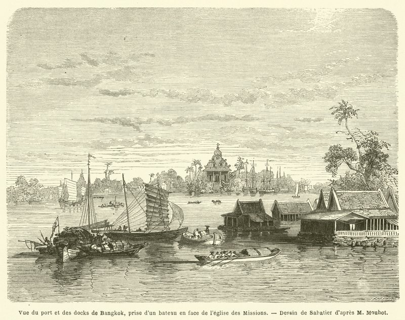 Udsigt over havnen og havnen i Bangkok, taget fra en båd foran Missionskirken (gravering) af French School
