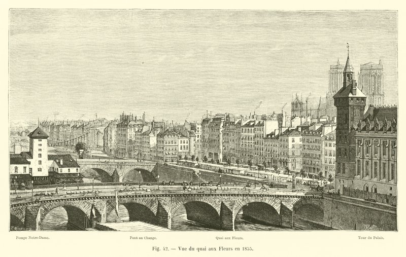 Udsigt over Quai aux Fleurs i 1855 af French School
