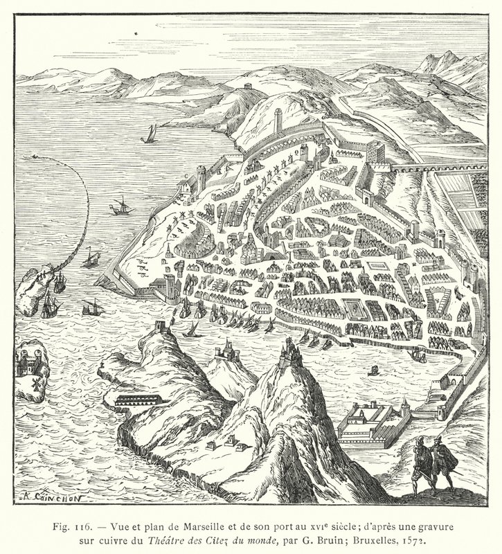 Udsigt og plan over Marseilla og dens havn i det 16. århundrede; fra et kobberstik af Theatre des Citez du monde, af G Bruin; Bruxelles af French School