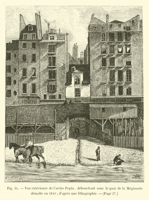 Udvendigt billede af Popin-buen, der dukker op under Quai de la Megisserie, der blev revet ned i 1840; fra et litografi af French School