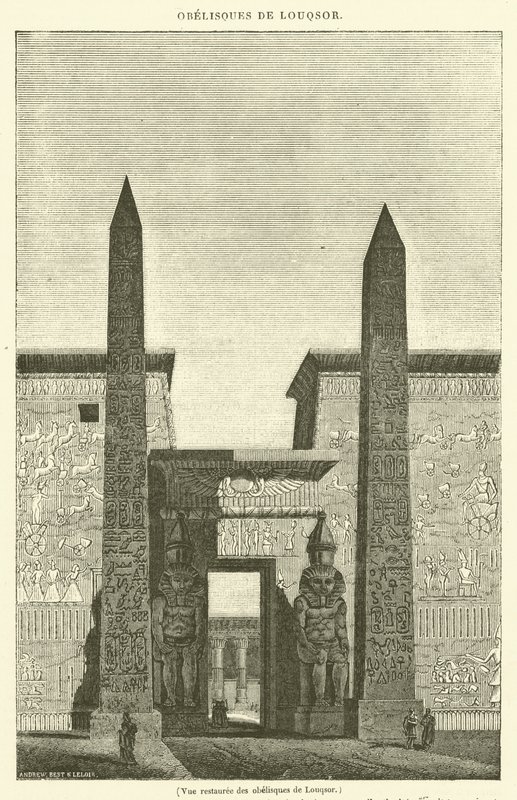 Restaureret udsigt over obeliskerne i Luxor (gravering) af French School