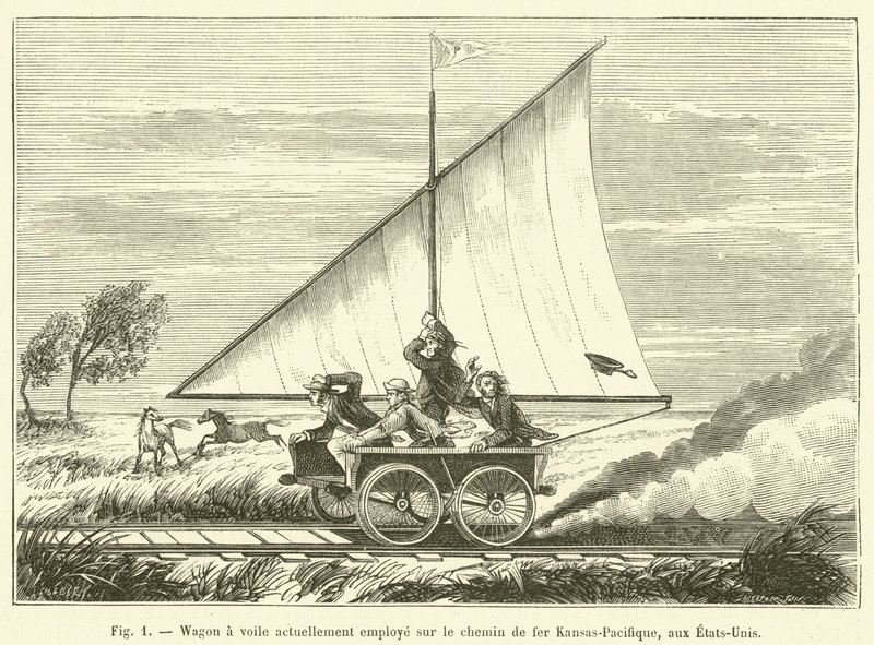 Sejlvogn i øjeblikket ansat på Kansas-Pacific Railroad, USA (gravering) af French School