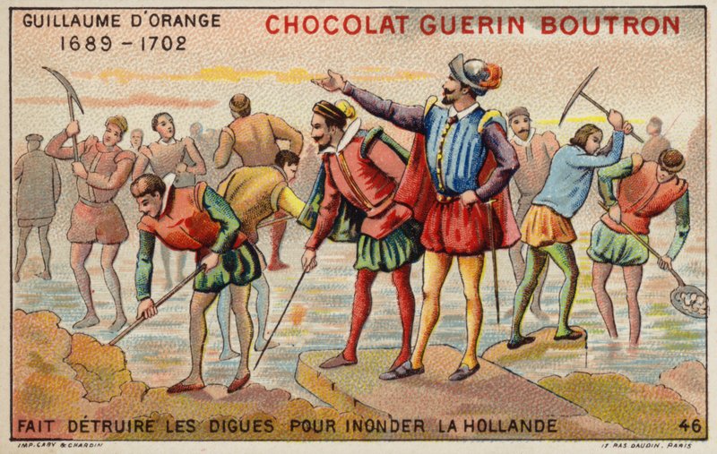 Vilhelm af Orange ødelægger diger for at tillade oversvømmelsen af Holland (chromolitho) af French School