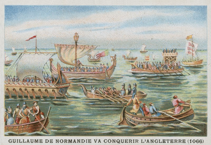 Vilhelm Erobreren på vej til at erobre England, 1066 af French School