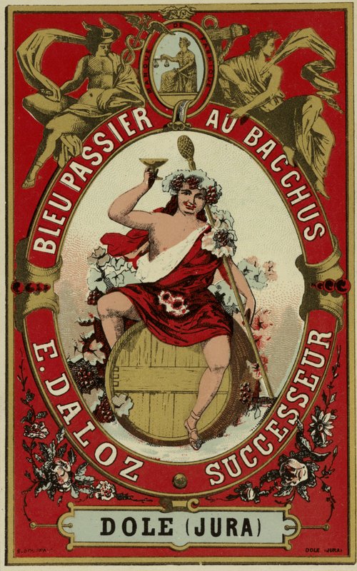 Vinetiket forestillende Bacchus af French School