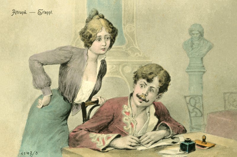 Kvinde fanger en mand, der skriver et brev (farvelitografi) af French School