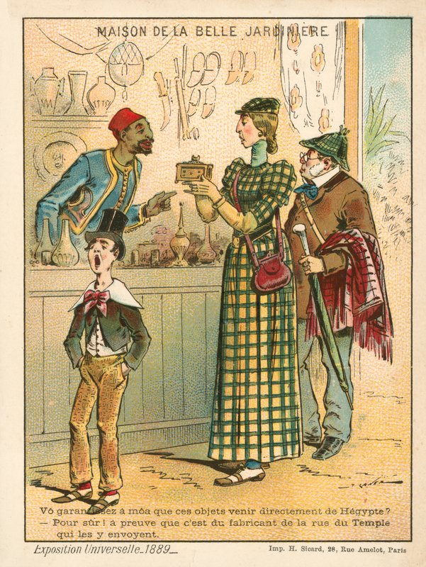 Kvinde undersøger egyptiske genstande, Exposition Universelle 1889, Paris (chromolitho) af French School