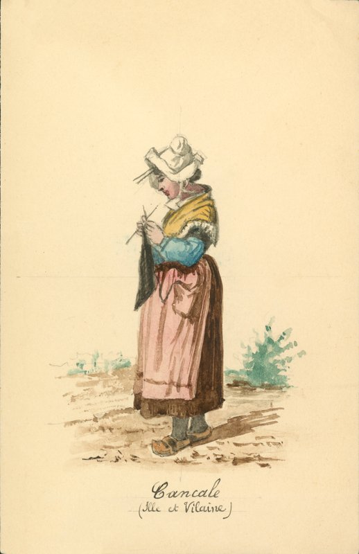 Kvindedragt fra Cancale, Ille-et-Vilaine (farvelitografi) af French School