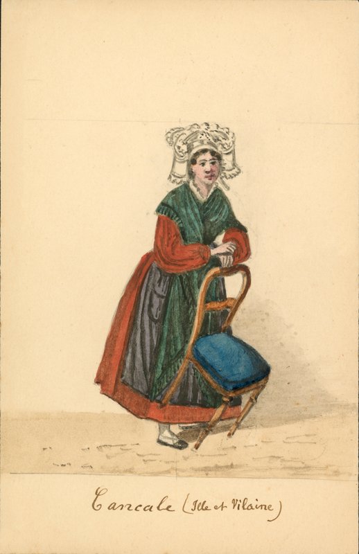 Kvindedragt fra Cancale, Ille-et-Vilaine (farvelitografi) af French School