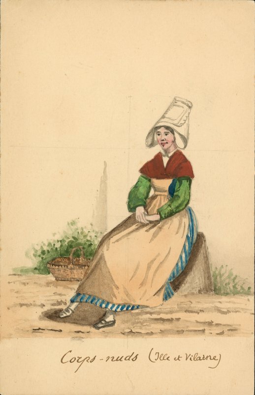 Kvindedragter fra Corps-Nuds, Ille-et-Vilaine (farvelitografi) af French School