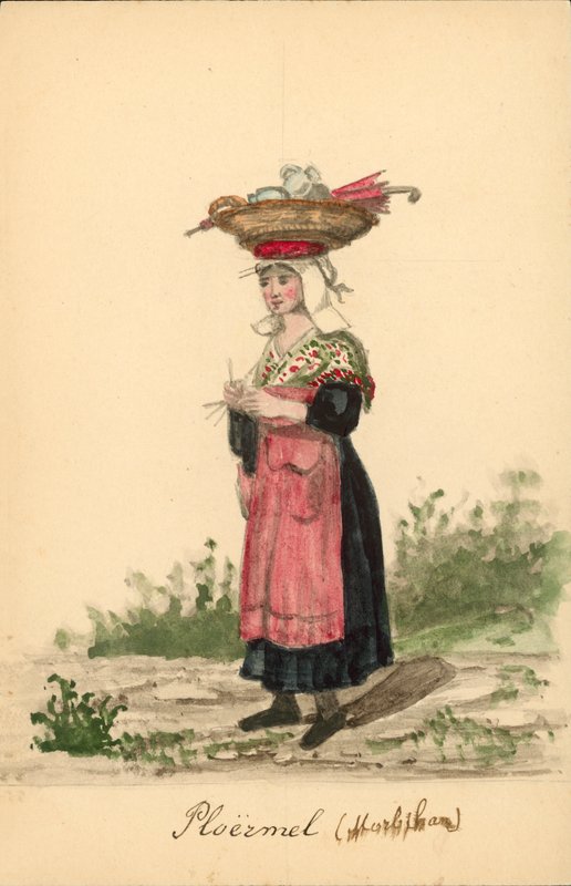 Kvindedragt fra Ploermel, Morbihan (farvelitografi) af French School