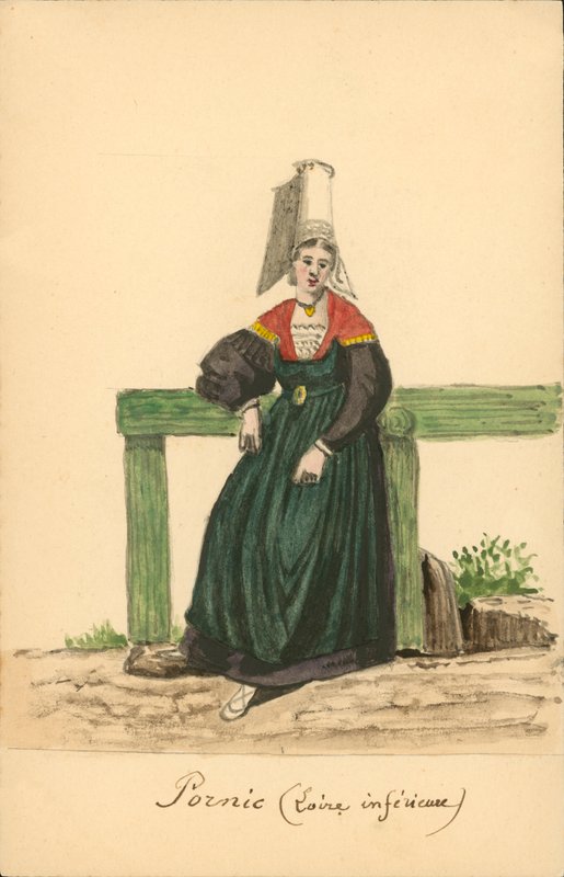 Kvindedragt fra Pornic, Loire-Inferieure (farvelitografi) af French School