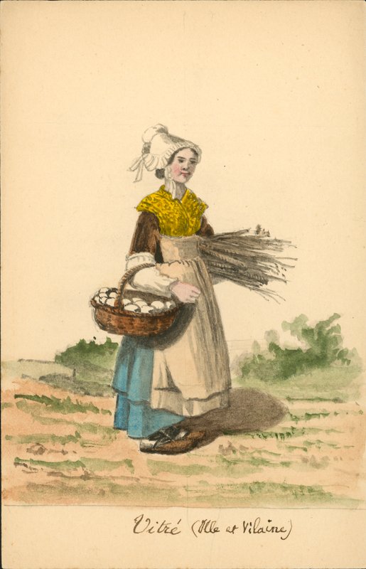Kvindedragt fra Vitre, Ille-et-Vilaine (farvelitografi) af French School