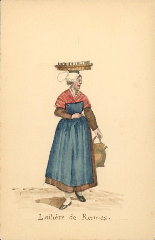 Kvindedragt af en mejeriarbejder fra Rennes (farvelitografi) af French School