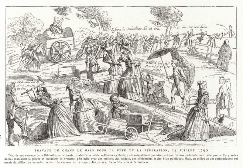 Arbejder på Champ de Mars som forberedelse til Fete de la Federation, Paris, den franske revolution, 14. juli 1790 af French School