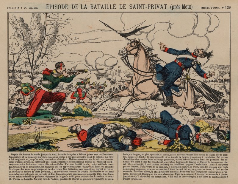 Såret fransk dragon skyder en preussisk lancer i slaget ved Saint-Privat, fransk-preussisk krig af French School