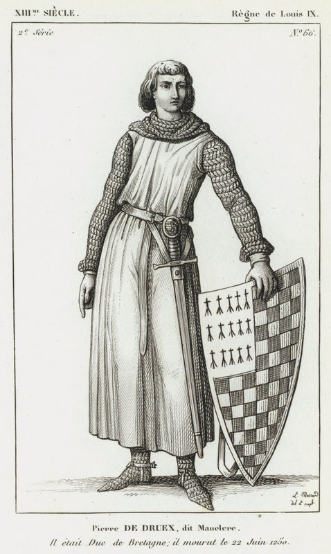 XIII århundrede, regeringstid af Louix IX, Pierre de Druex, dit Mauclere, Han var hertug af Bretagne; han døde den 22. juni 1250 (gravering) af French School