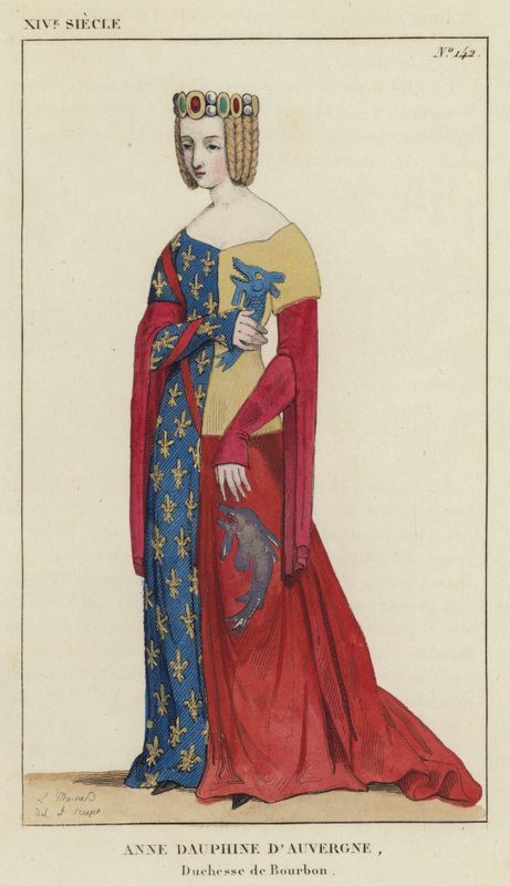 XIV Century, Anne Dauphine af Auvergne, hertuginde af Bourbon (farvet gravering) af French School