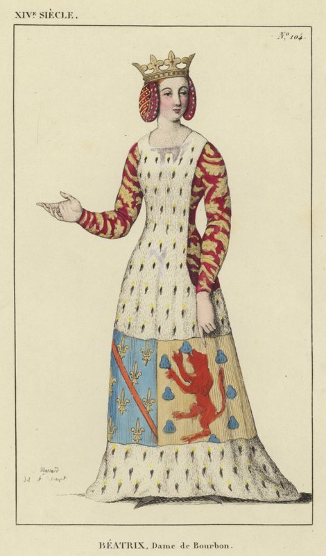 XIV Century, Beatrix, Lady of Bourbon (farvet gravering) af French School