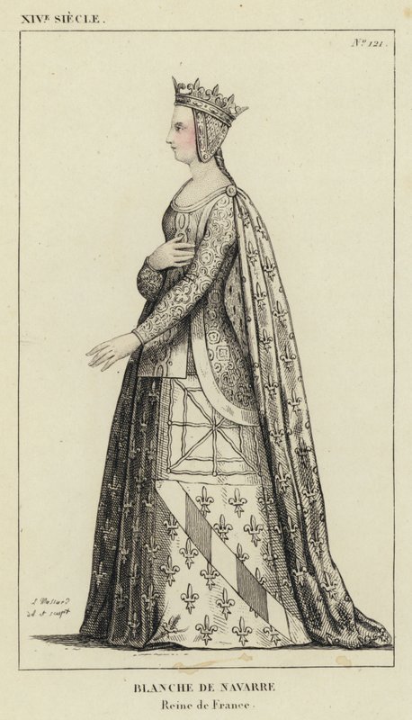 XIV Century, Blanche af Navarra, Dronning af Frankrig (farvet gravering) af French School