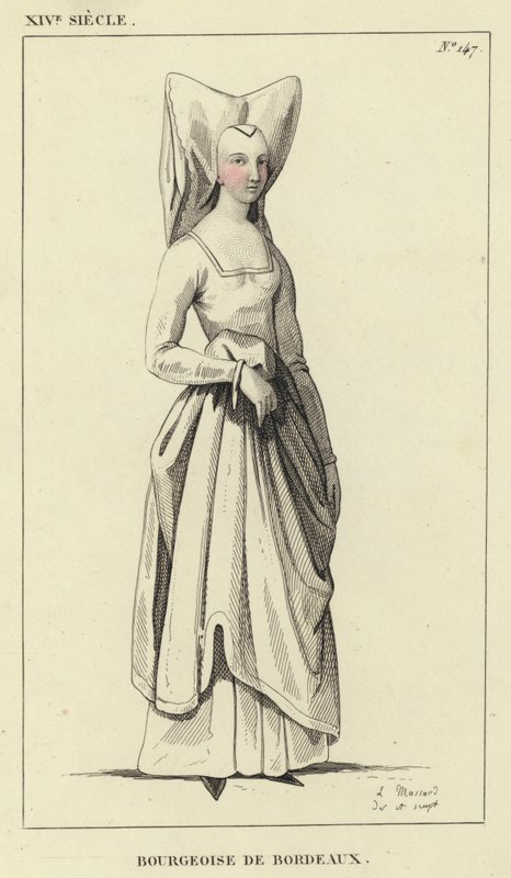 XIV Century, Bourgeoise of Bordeaux (farvet gravering) af French School