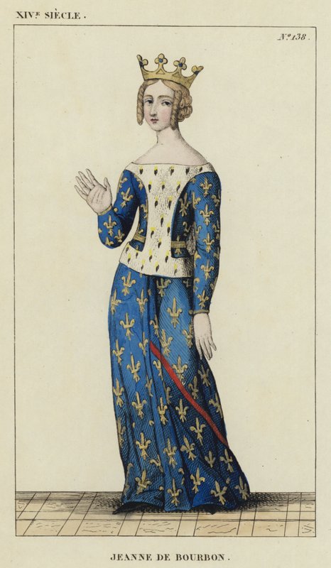 XIV Century, Jeanne af Bourbon (farvet gravering) af French School