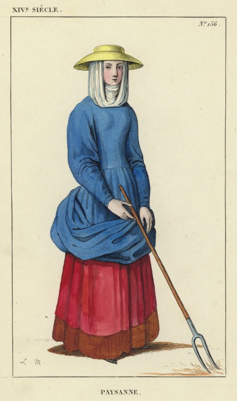 XIV århundrede, bondekvinde (farvet gravering) af French School