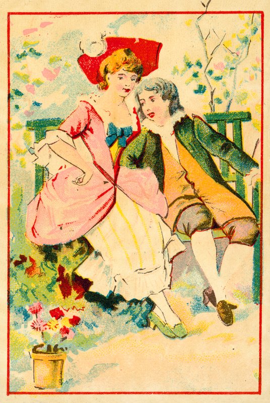 Ungt par på en bænk i en have (chromolitho) af French School