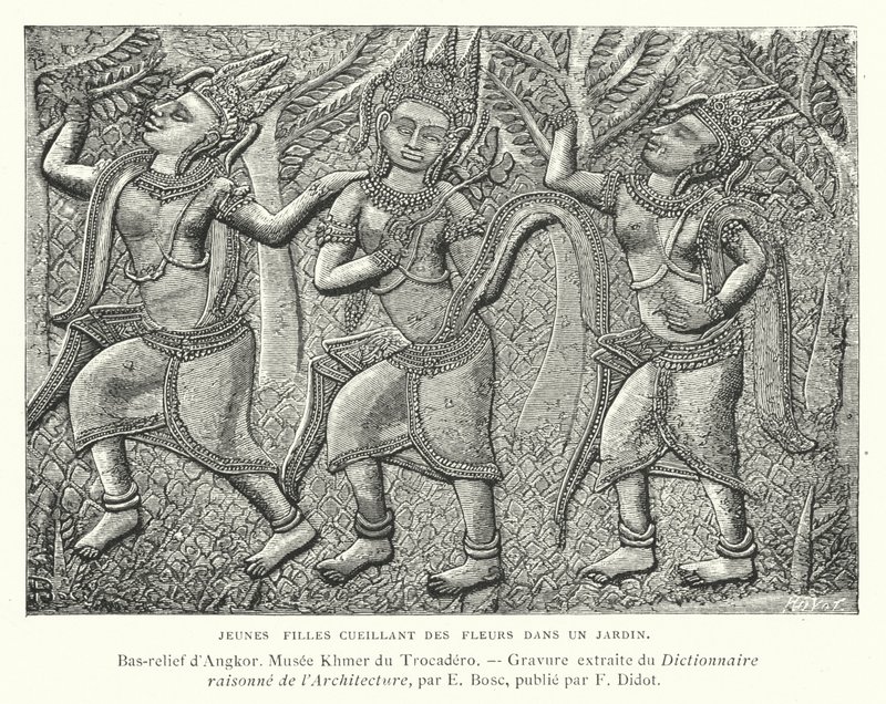 Unge piger plukker blomster i en have, basrelief fra Angkor, Cambodja (gravering) af French School