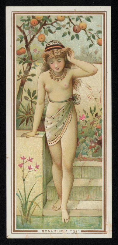 Ung kvinde i en have, lykønskningskort. (chromolitho) af French School