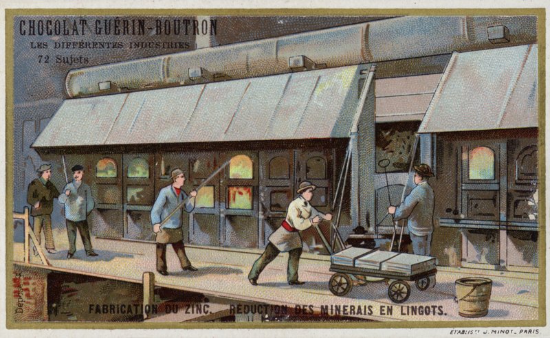 Zink fremstilling. Reducering af malm til ingots (chromolitho) af French School