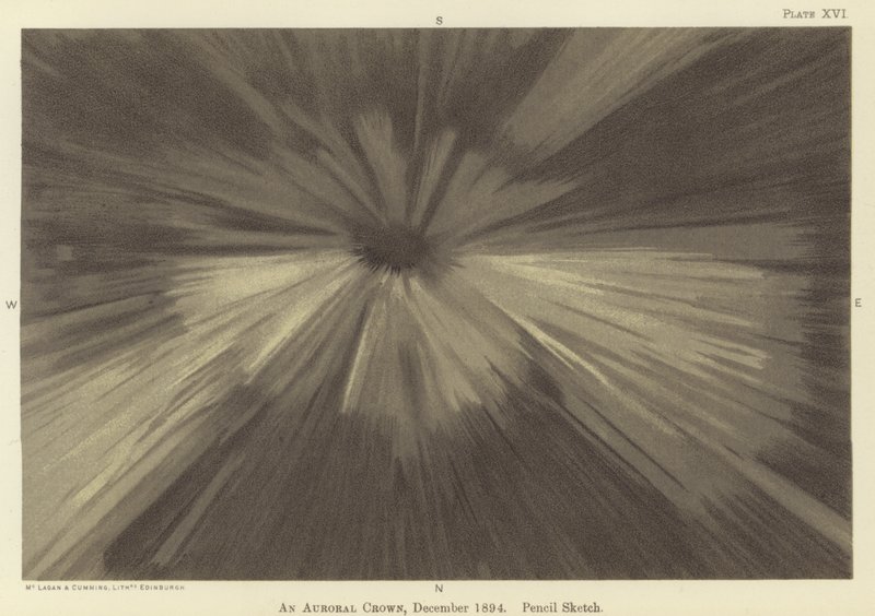 En nordlyskrone, december 1894, blyantskitse (farve litho) af Fridtjof Nansen