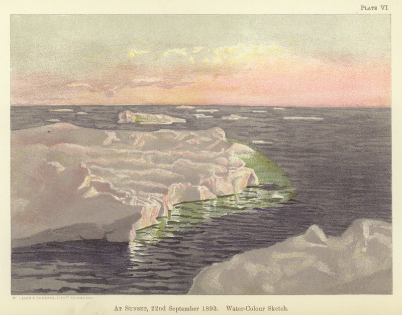 Ved solnedgang, 22. september 1893, vandfarveskitse (farve litho) af Fridtjof Nansen