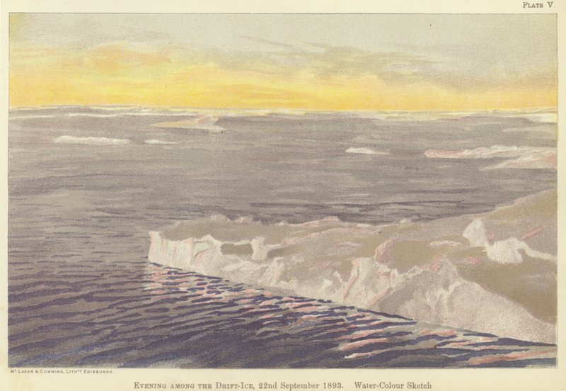Aften blandt drivisen, 22. september 1893, akvarelskitse (farve litho) af Fridtjof Nansen