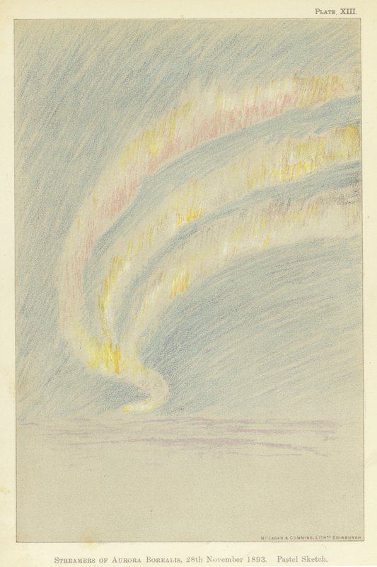 Streamers of aurora borealis, 28. november 1893, pastelskitse (farve litho) af Fridtjof Nansen