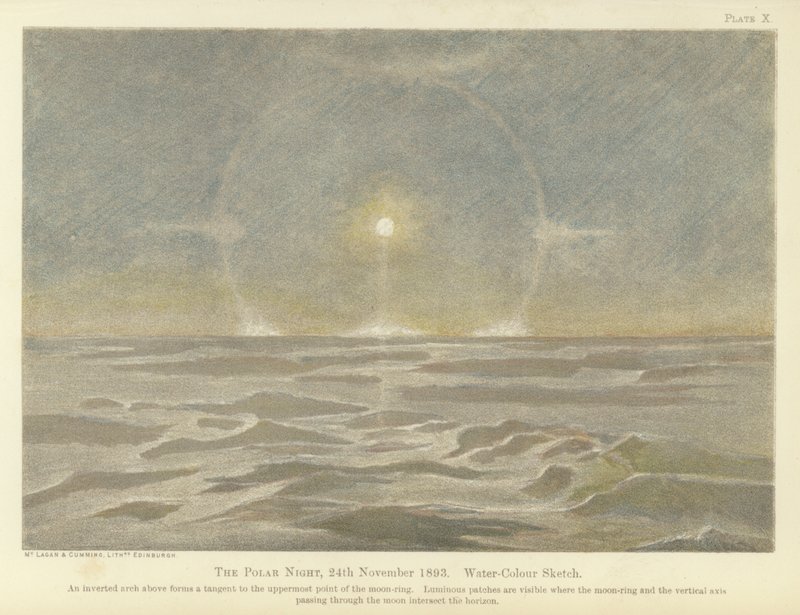 Polarnatten, 24. november 1893, vandfarveskitse (farve litho) af Fridtjof Nansen