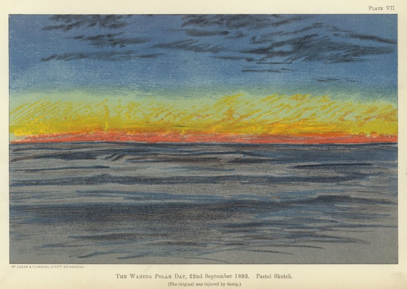 Den aftagende polardag, 22. september 1893, pastelskitse (farve litho) af Fridtjof Nansen